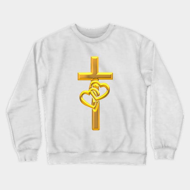 Golden 3-D look Cross with 2 Hearts Crewneck Sweatshirt by Artist4God